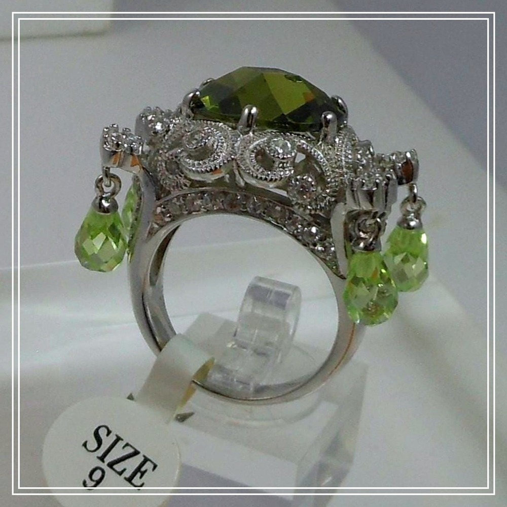 Vintage Sterling Silver Glamour Cocktail Ring Sim Peridot Briolette Drops Size 9